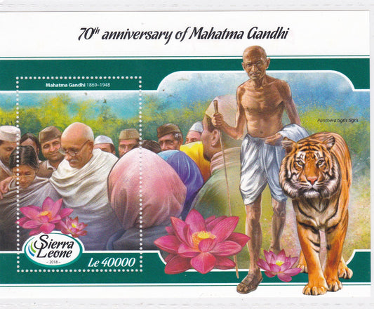 Sierra Leone 1 value ms of 2018 on Gandhi with Lotus flower & Tiger