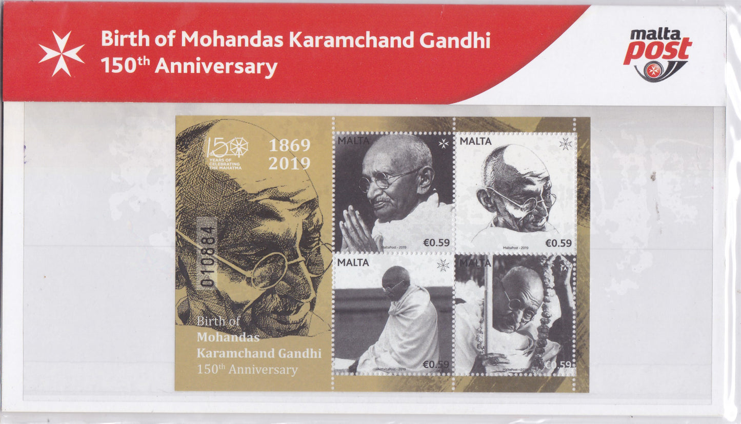 Malta 2019 – Mahatma Gandhi Malta 150th Birth Anniversary 4v S/Sheet on FDC with Folder