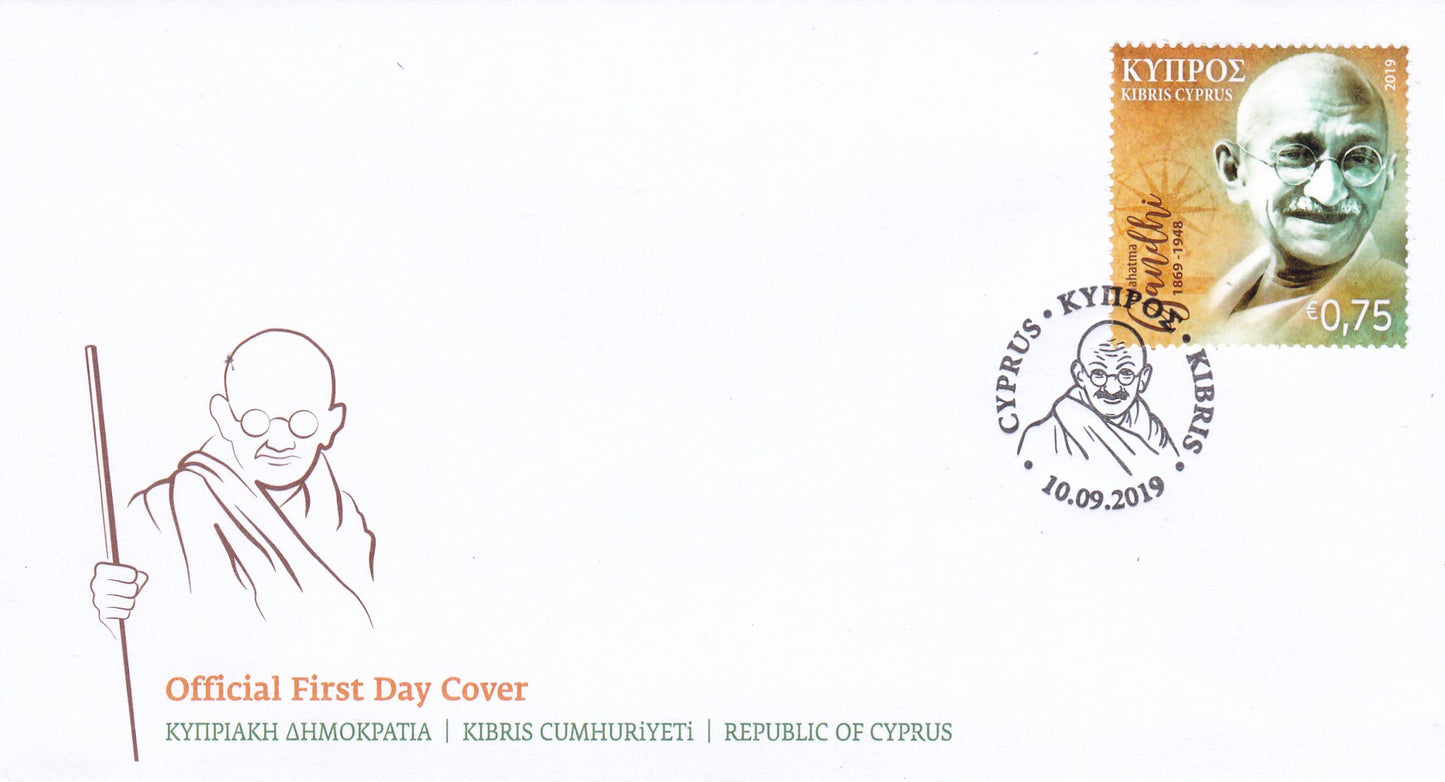 साइप्रस गांधी 150वीं वर्षगांठ टकसाल टिकट.2019-एफडीसी।