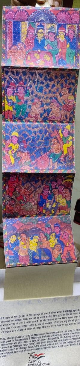 A Special Cover to commemorate 100 years of Gandhi's Visit to Medinipur on 13th September, 1921, on Silk along with a Miniature Scroll Painting .