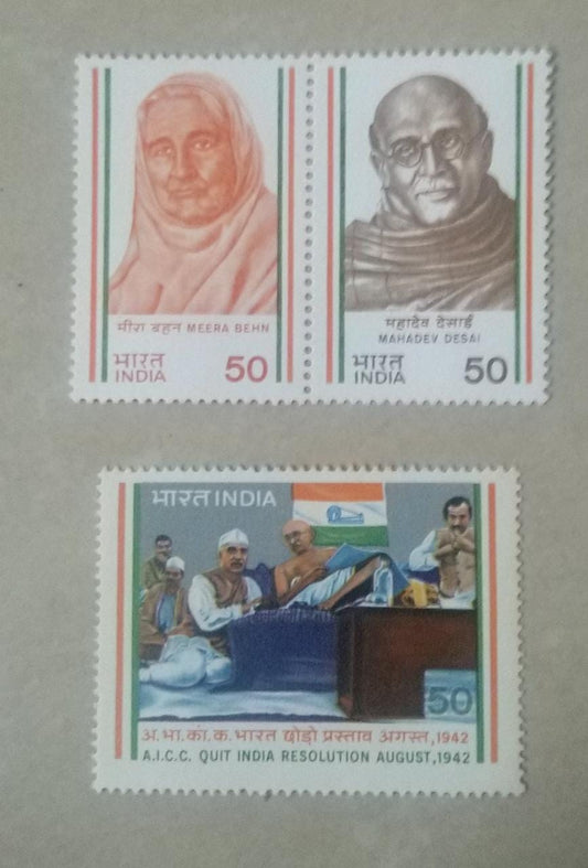 1983- India's freedom struggle -1st series   Setenent pair of Meera Behn and Mahadev Desai + 1 single stamp of Nehru and Gandhi.