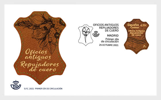 Spain leather finish, leather shaped stamp FDC-stamp made from real leather