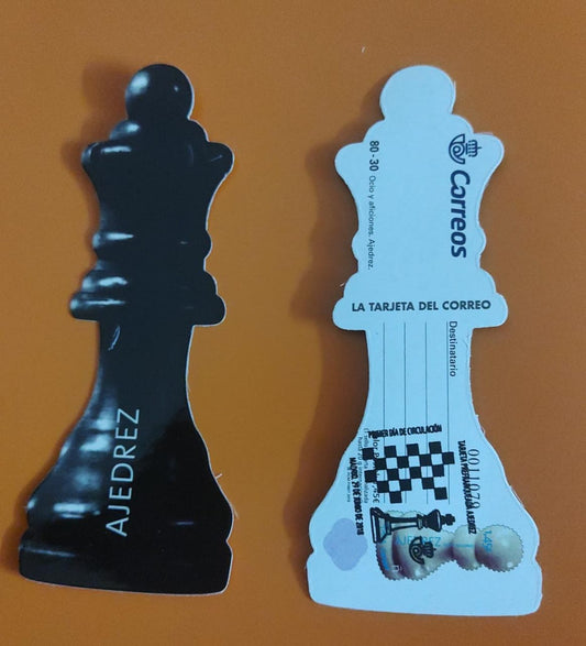 Chess pawn shaped postcard with chess stamp cancelled.  From Spain.