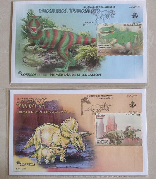2 Stamps FDC from Spain-2015   On dinosaurs 🦖  .