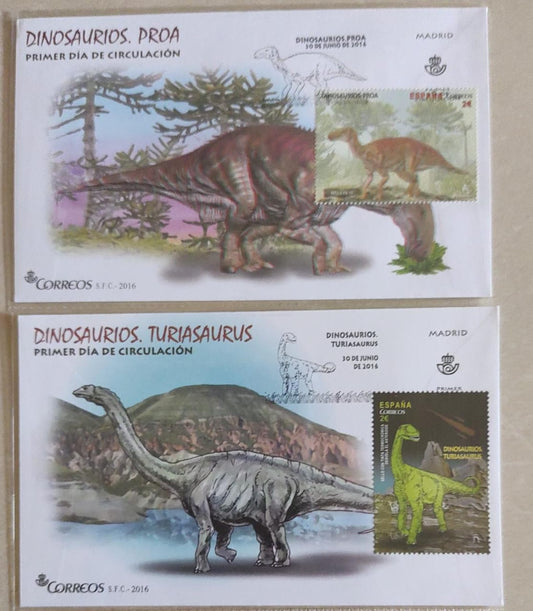 2 Stamps FDC from Spain- 2016   On dinosaurs 🦖 .