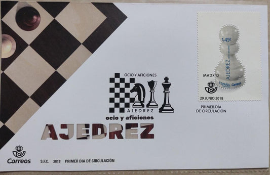 Spain 2018 thermosensitive stamp FDC.  Color of chess pawn changes when heated finger is placed on the stamp