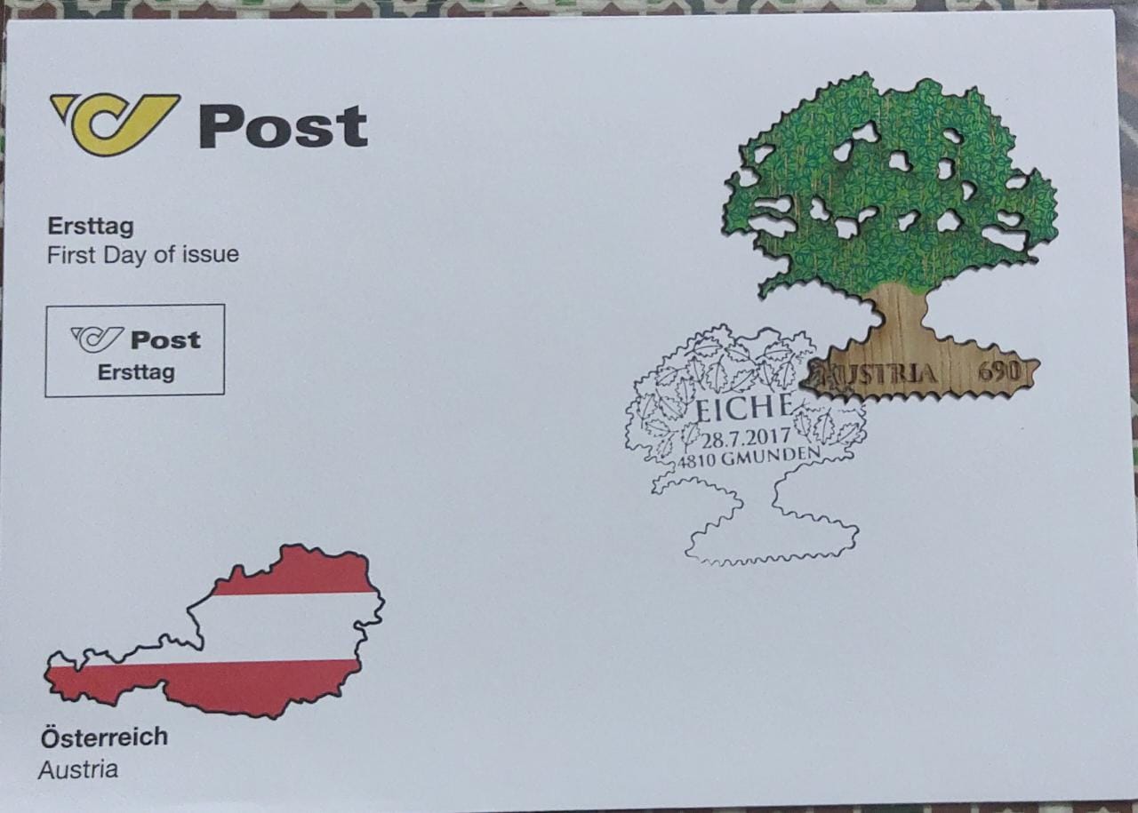 Austria very rare and beautiful ms on odd tree 🌲 shaped stamp- stamp is made from real Oak.