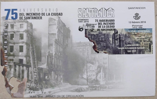 Spain burnt effect stamp and burnt effect FDC.  Issued in 2016.