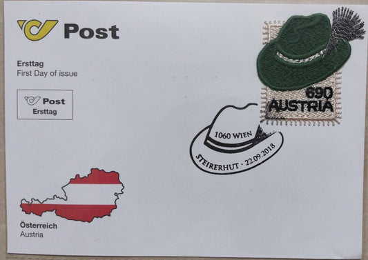 Austria- pioneers in embroidery stamps- issued beautiful embroidery stamp on Hat 🤠 in 2018  FDC.