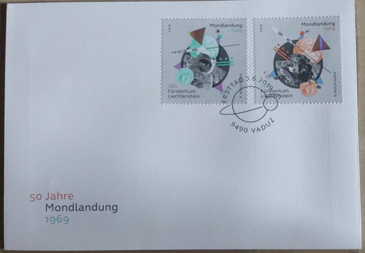 Liechtenstein pair of stamps on space- man on moon.  Both stamps have holograms. FDC