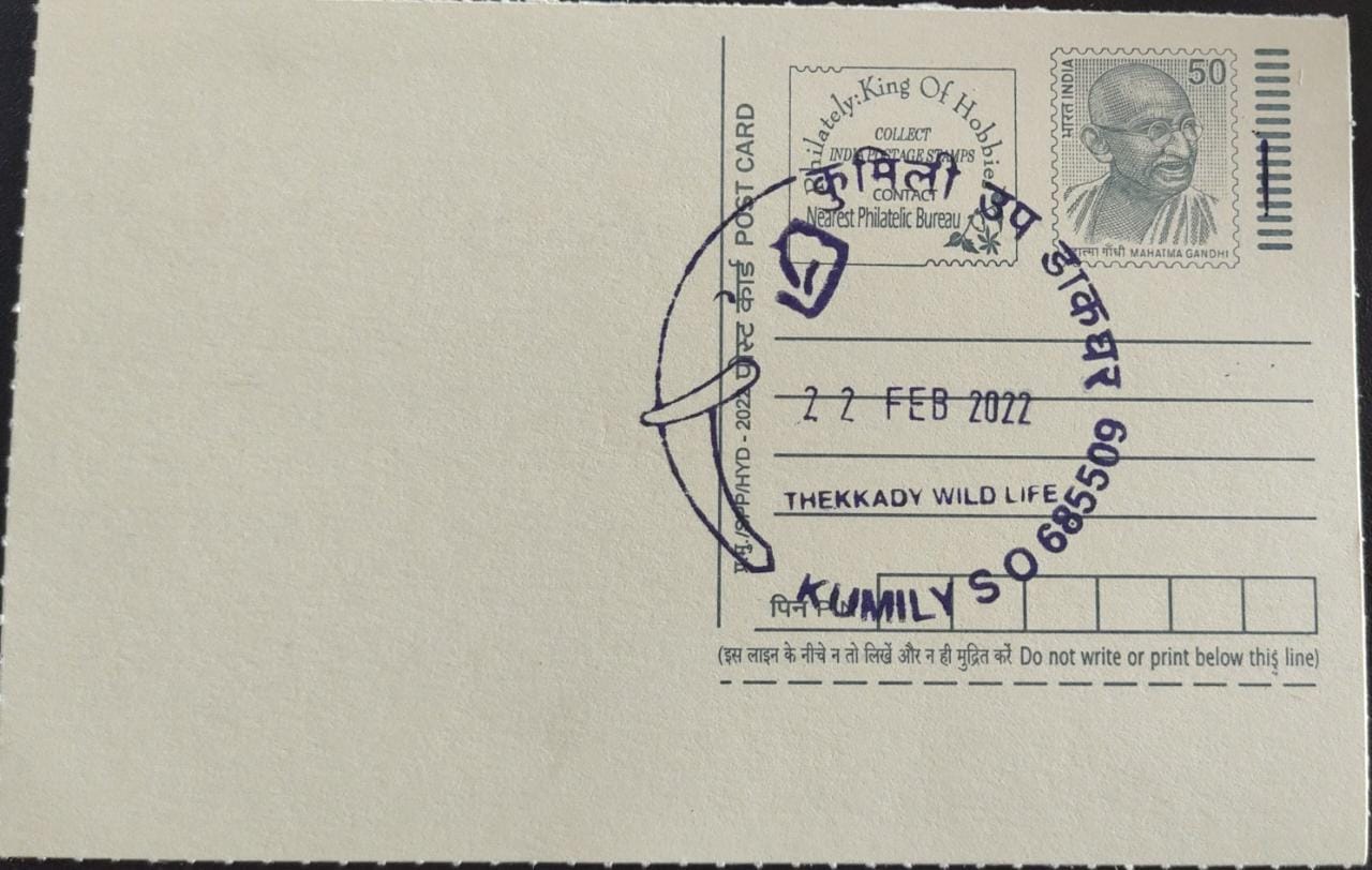 Yellow postcard with PPC of 🐘 from  Kumily  with    Fancy palindrome same digit date of 22-Feb-22= 22-2-22