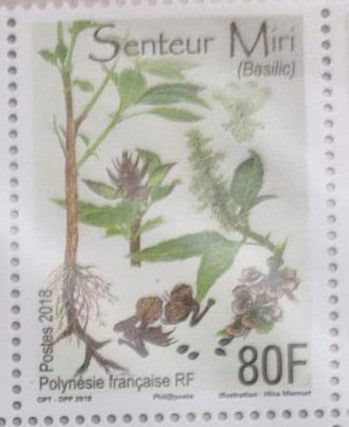 French Polynesia stamp with scente of Miri- a native herb of that country.