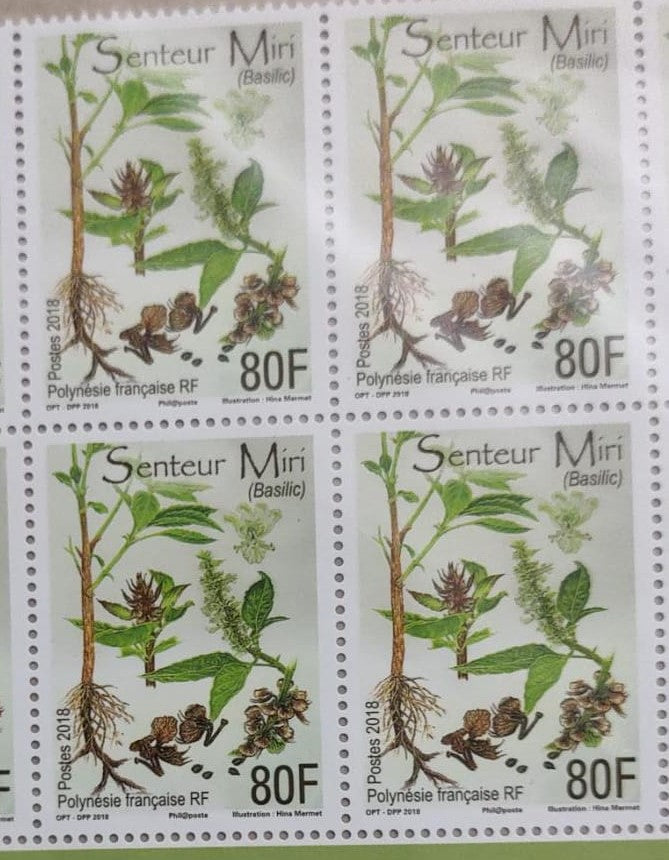 French Polynesia stamp with scente of Miri- a native herb of that country.