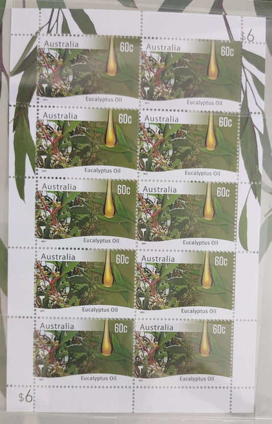 Australia unusual stamp with smell of eucalyptus oil-rub and smell Full Sheet.