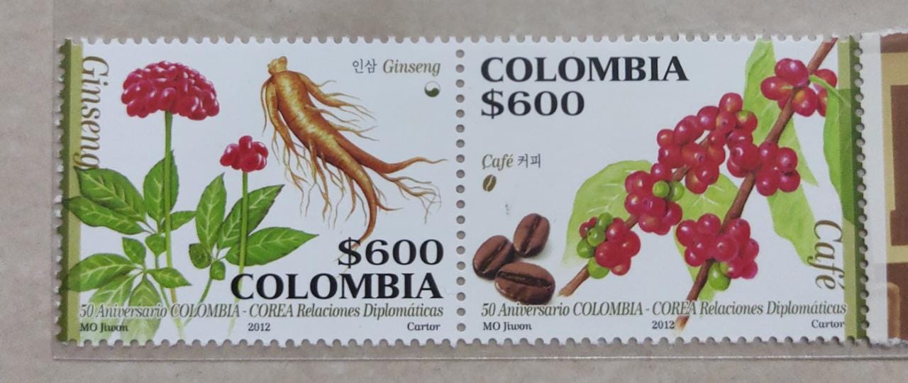 Colombia and Korea joint issue setenent pair -2012  With fragrance of Ginseng and Coffee.