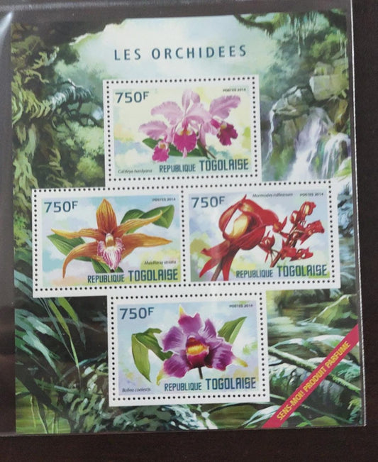 Togolaise 4v stamps Ms with perfume of orchids. Issued in 2014.