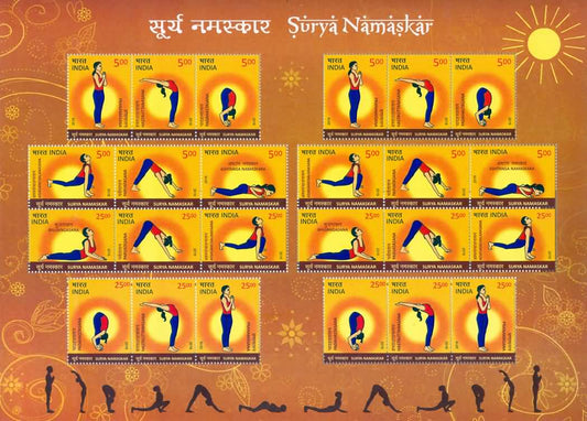 India-Surya Namaskar Sheetlet In double Irregular block of 12 Stamps-2016