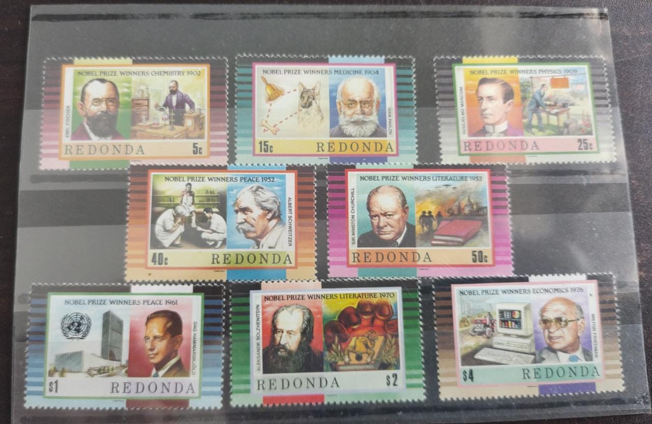 8 stamps on Nobel prize winners Issued by Redonda islands, Antigua.