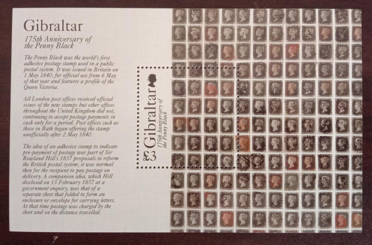 Gibraltar issued a ms to commemorate 175 yrs of Penny Black.- world's first postage stamp.