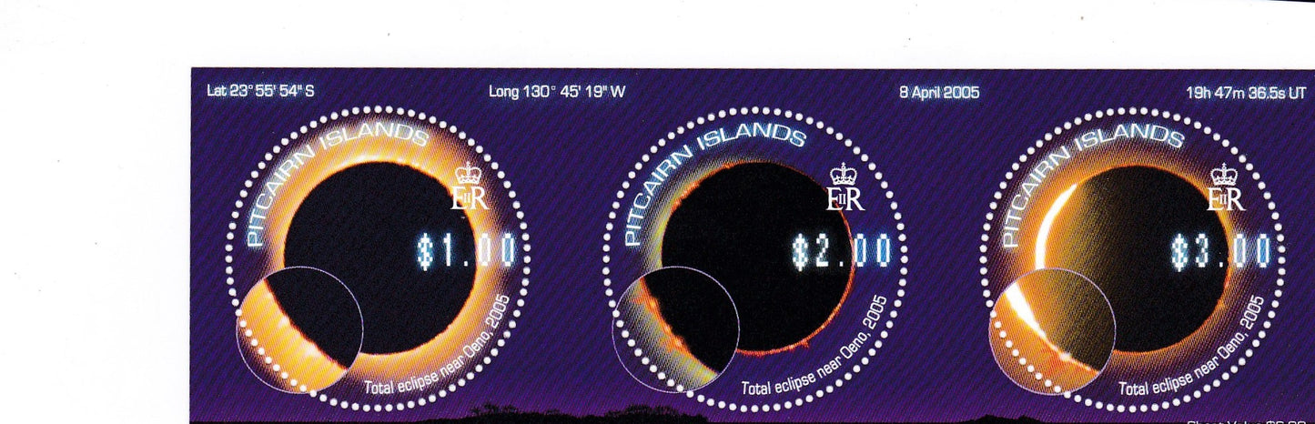 पिटकेर्न द्वीप सूर्य ग्रहण पर गोल आकार के 3 टिकटों का सेट-असामान्य