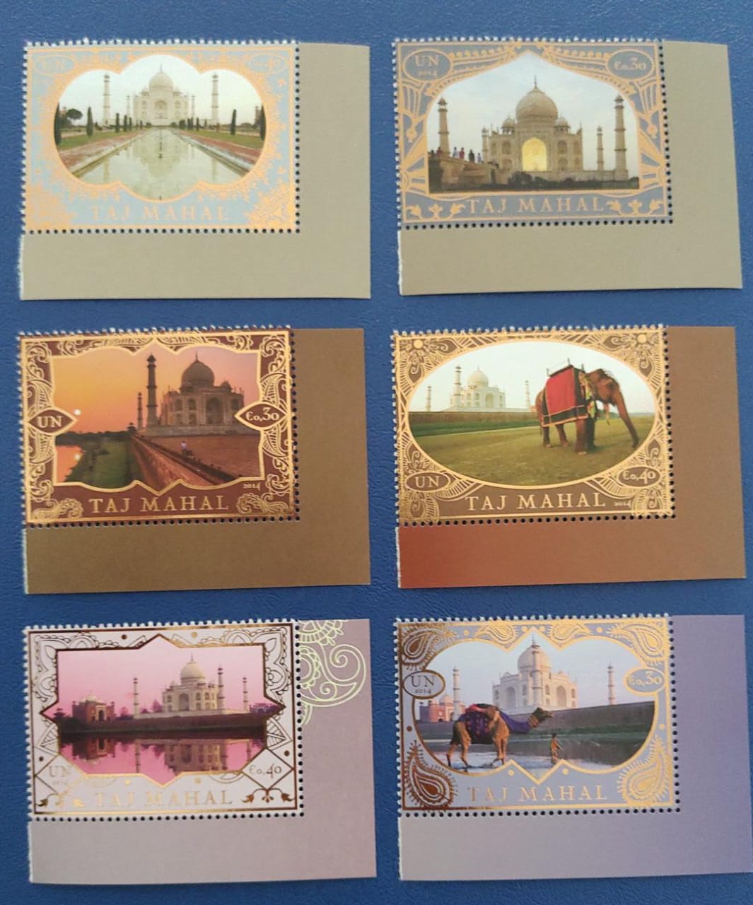 UN 2014 issued six beautiful metalic foiled stamps on Taj Mahal - all stamps have a hidden image- logo of United Nations - visible at a particular angle with naked eye.