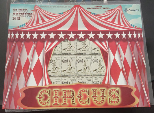 Spain full sheet on 🎪 circus , issued in 2018.   The sheet has a top page, which when lifted - looks like curtain is raised for the show.
