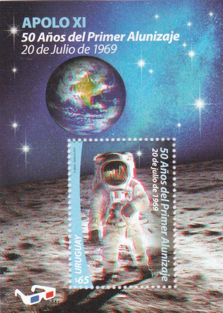 Uruguay-50 Years of Moon landing -3D MS with Red -Blue 3D specs free