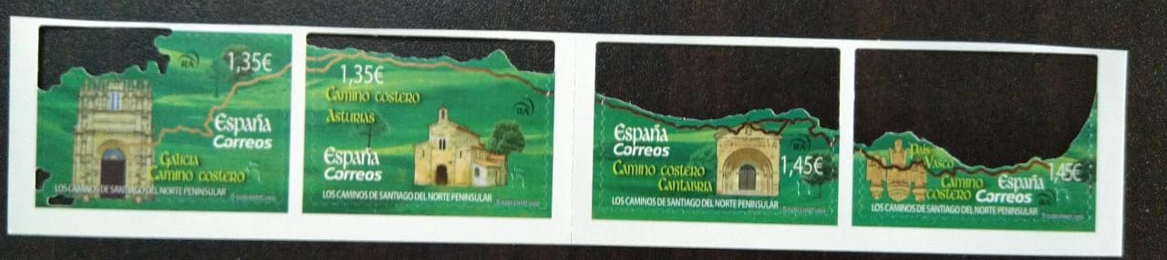 Spain-Four odd shaped setenent stamps- with odd shaped holes in all four stamps..