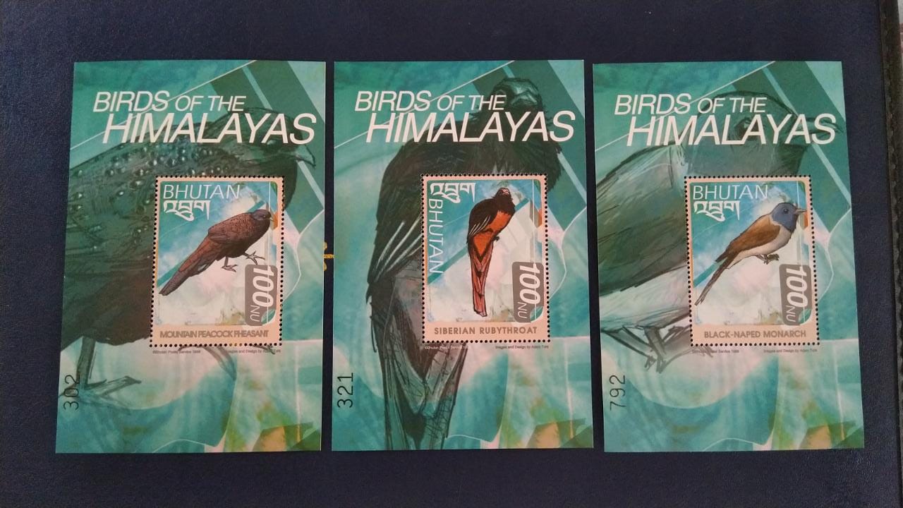 Set of 3 high value ms from Bhutan- birds of Himalayas.