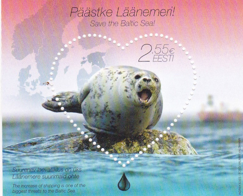 Estonia-Save the Baltic sea. ❤️ Shaped stamp in ms form.