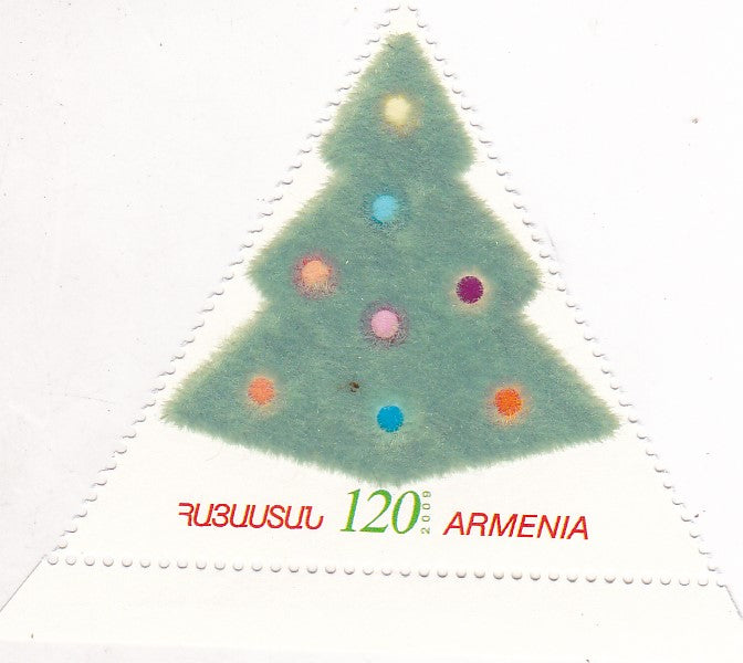 Triangle stamp from Armenia with real velvet (green color).