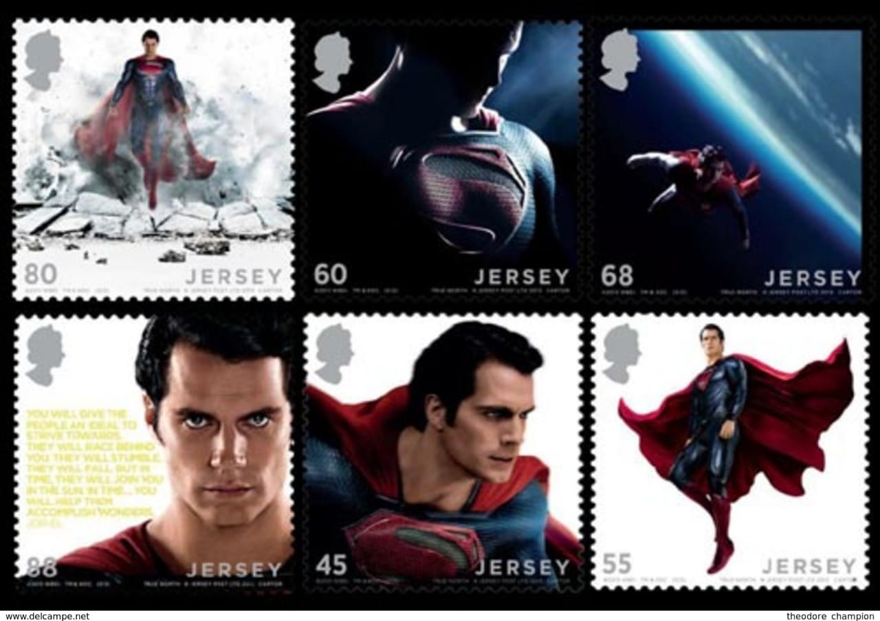 Jersey-2013 Superman - Man of Steel Beautiful set of 6 different unusual stamps.