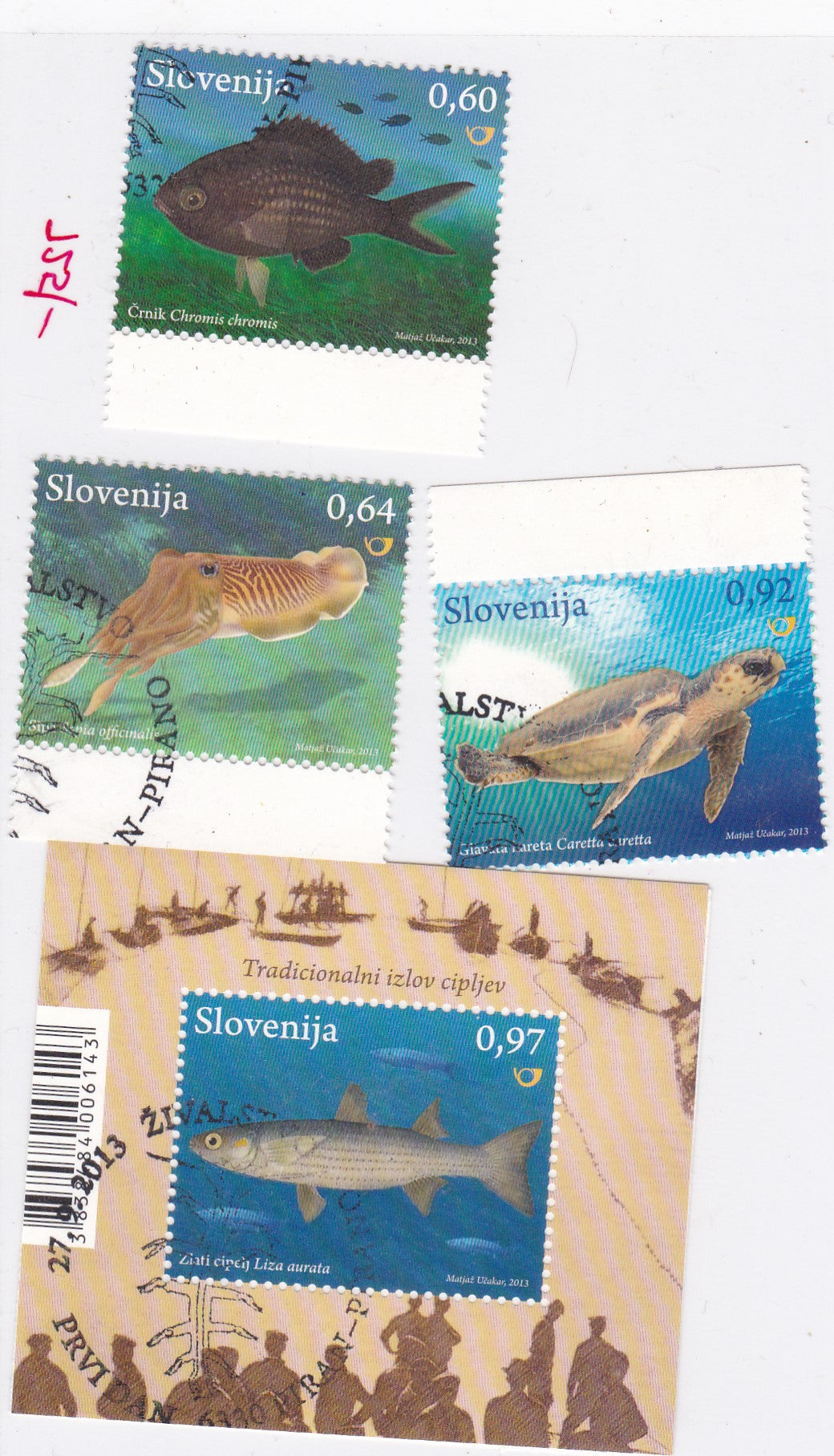 Slovenia set of 4 unusual stamps with sea salt affixed