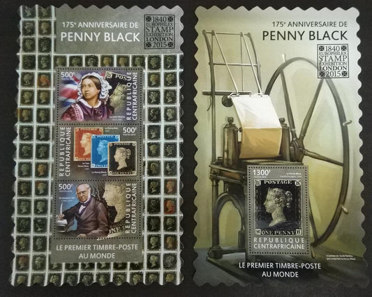 Central Africa-2015 odd shaped UV coated MS pair Commemorating 175 years of Penny black.