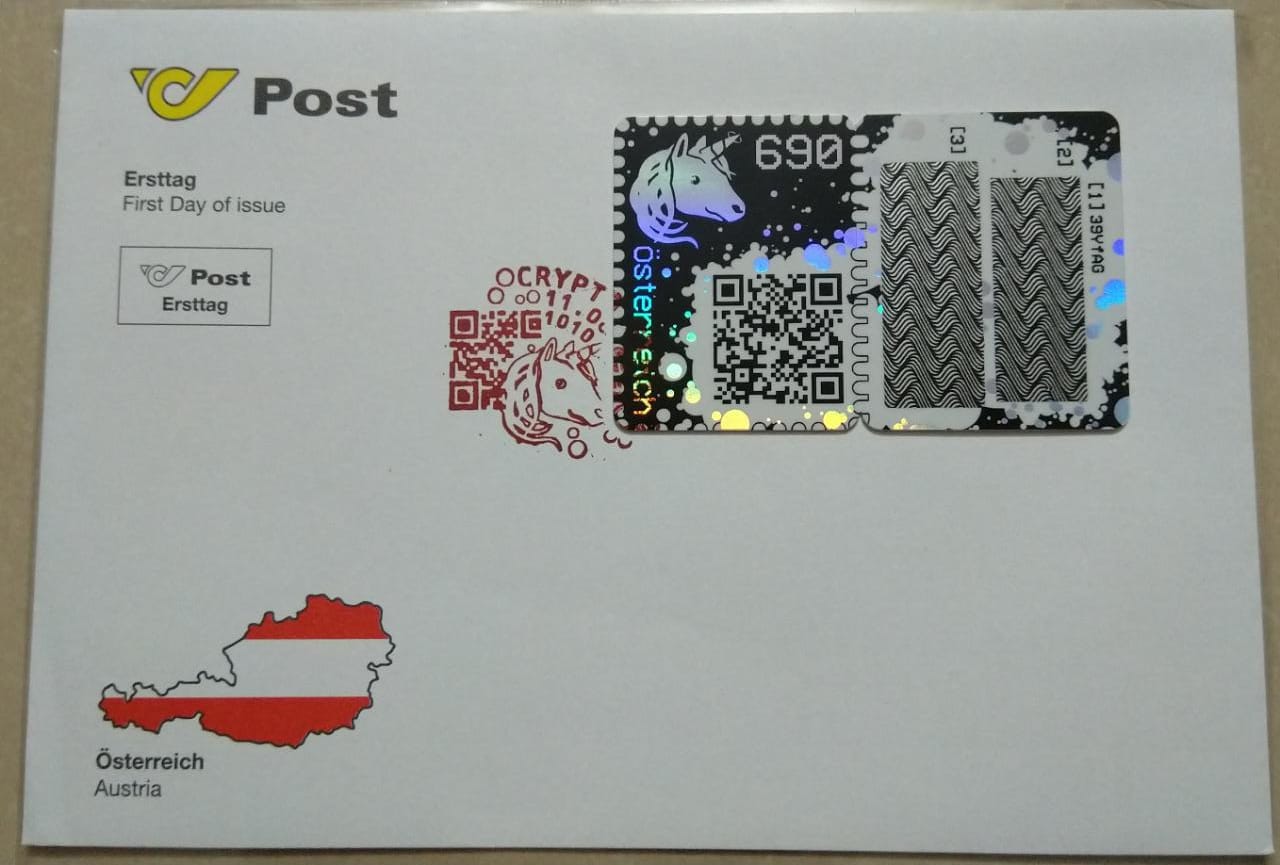 Austria's first crypto currency stamp fdc.