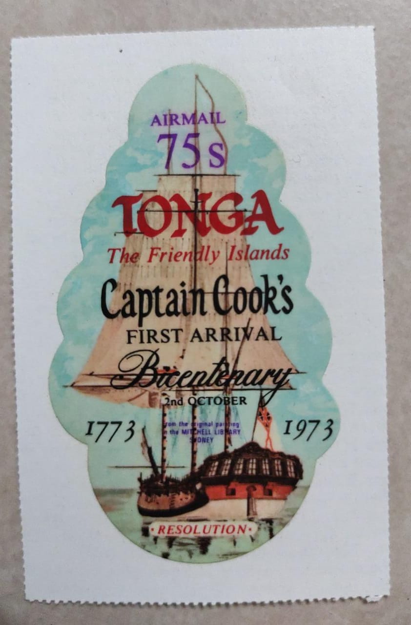 Odd shaped self adhesive stamp from Tonga.