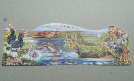 Malaysia-Nearly 16 cm long odd shaped beautiful stamp on rivers of Malaysia.