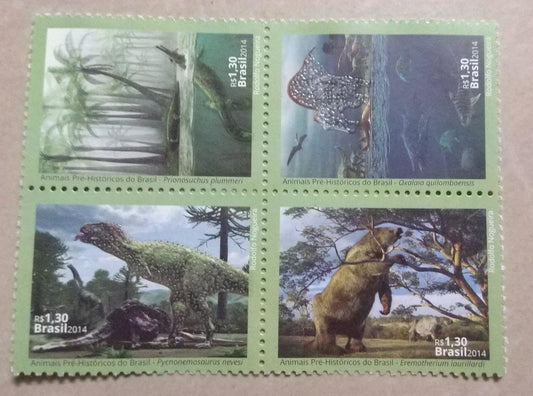Brazil setenent block of 4 on Dinosaur. With UV gloss - shining surface .