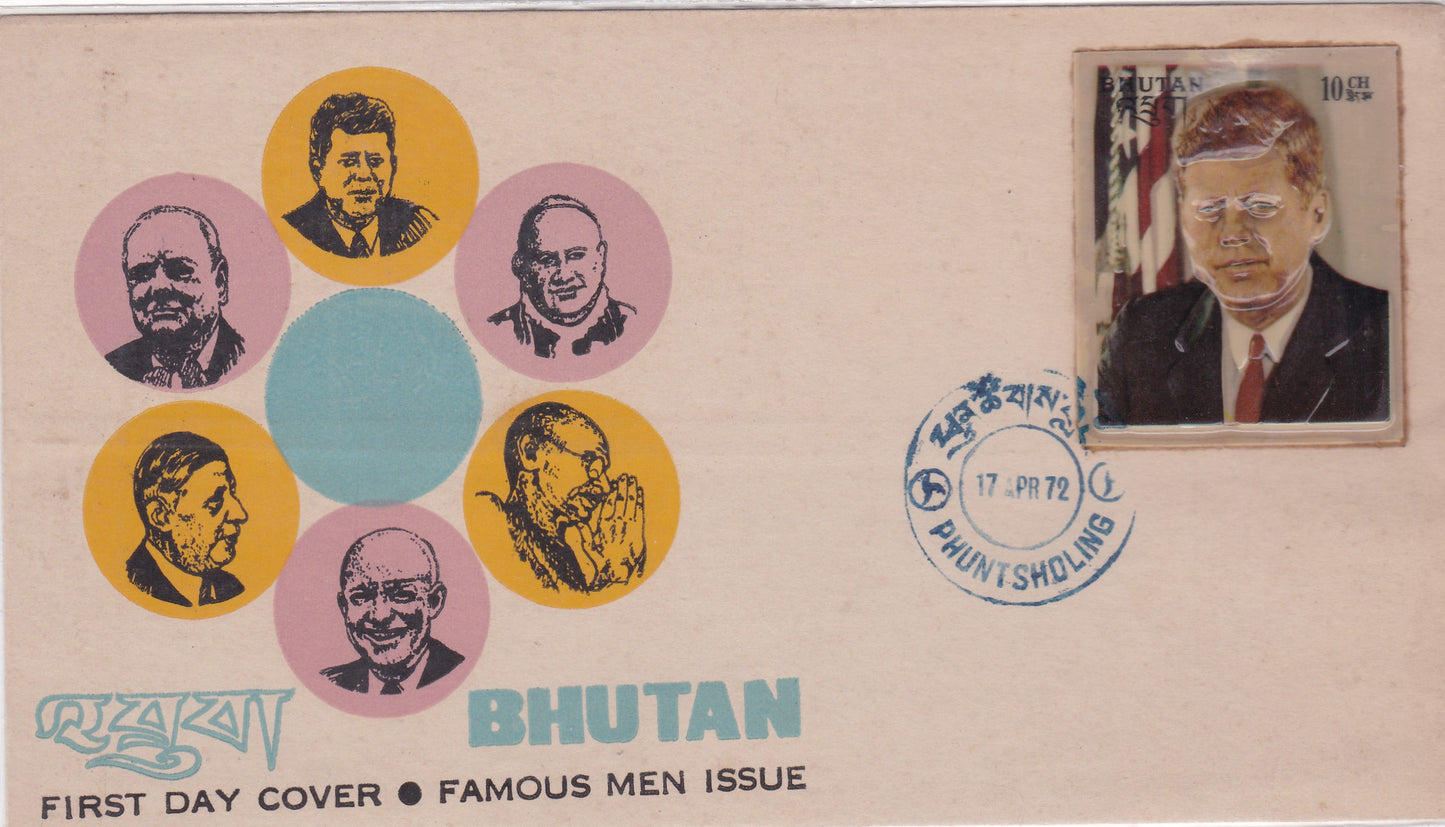Bhutan first day cover with Embossed Plastic stamp of John F Kennedy-Rare and Unusual