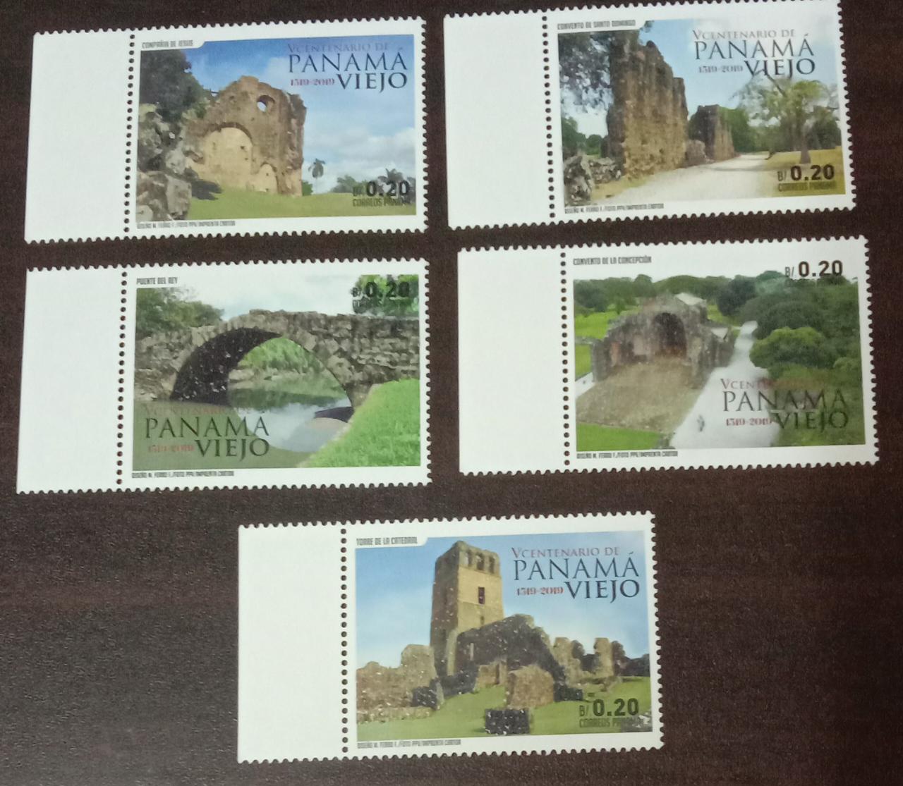Set of 5 stamps from Panama with real stone dust affixed on all stamps.