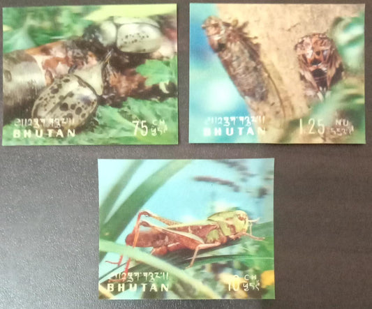 भूटान में कीड़ों पर 3 अलग-अलग 3डी टिकटें।