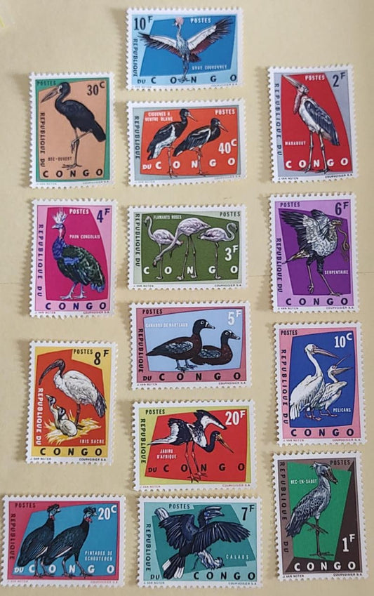 Very old and beautiful set of 14 different birds issue from Congo.