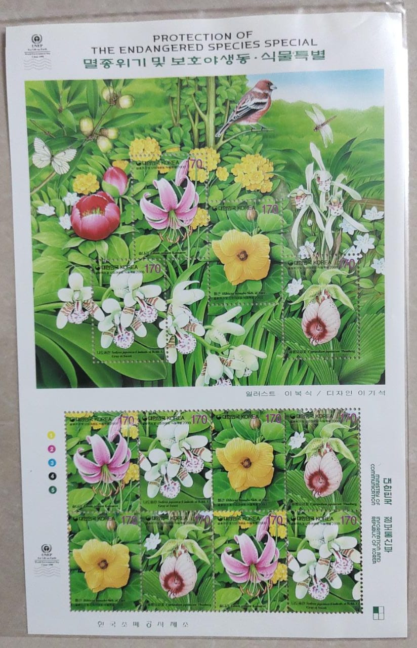 Korea beautiful sheetlet on protection of endangered species of flowers 12 stamps in sheetlet.  Issued in 2000. - scented.  Packed in bopp.