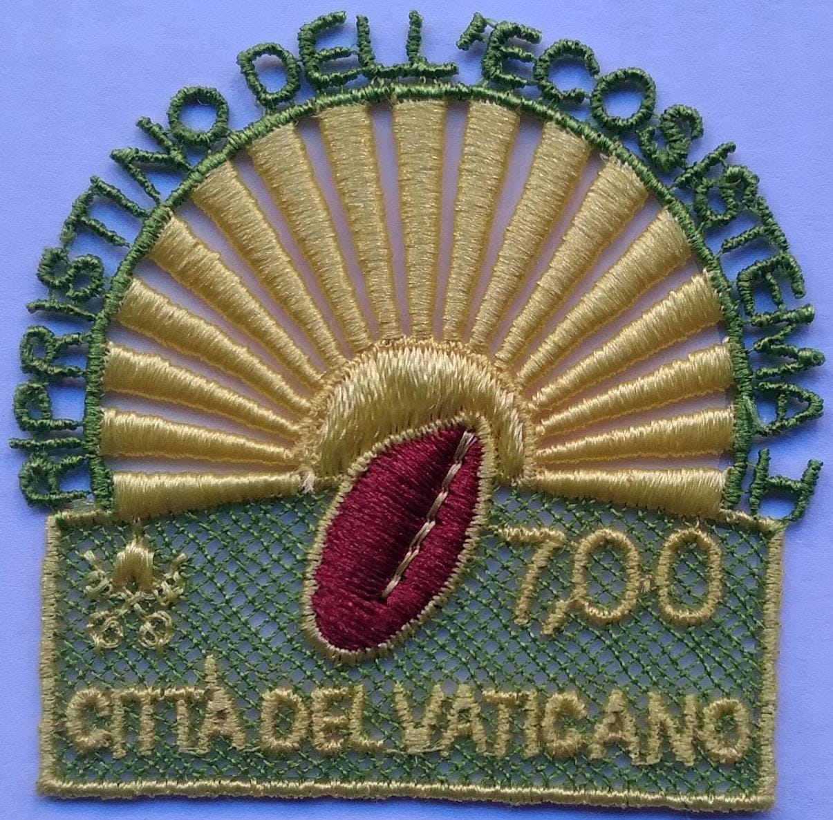 Vatican embroidery stamp made from recycled plastic bottles.