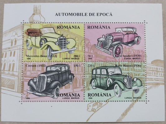 Romania beautiful ms on Vintage cars issued in 1996.